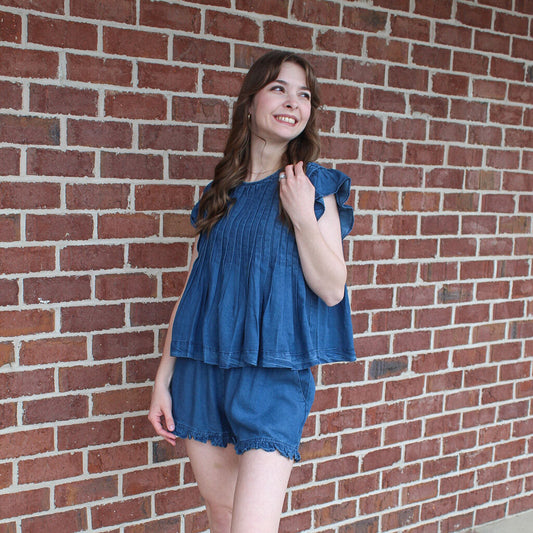 Denim Ruffled Hem Shorts
