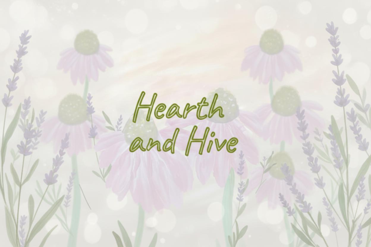 Text 'Hearth and Hive' with blurred bee and honeycomb background