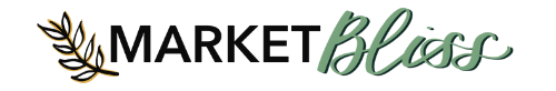 The logo for Market Bliss, featuring the word 'MARKET' in black uppercase letters next to 'Bliss' in a green cursive script, with a small olive branch graphic on the left, all on a plain white background.